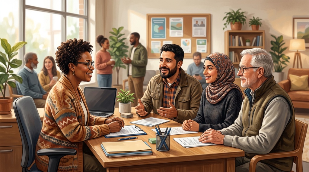 people speaking with staff at a community assistance office