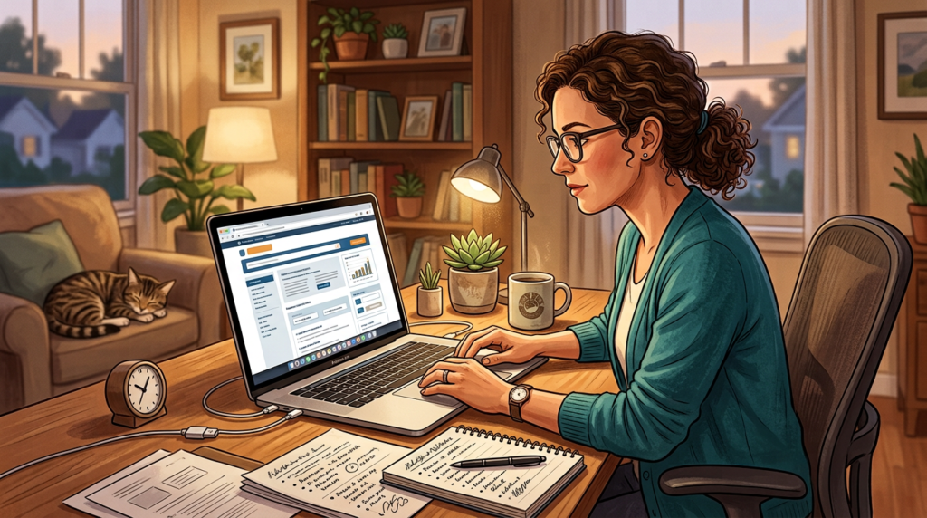 person researching assistance programs on a laptop