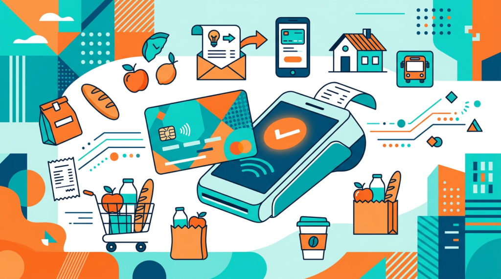 debit card, payment terminal, and everyday spending symbols