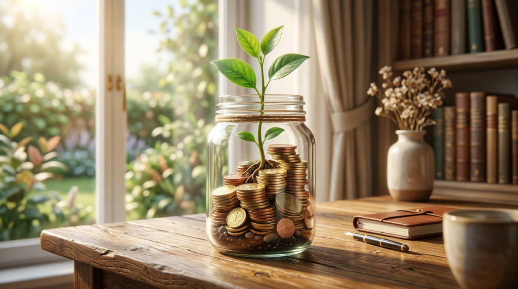 savings jar with coins and a growing plant