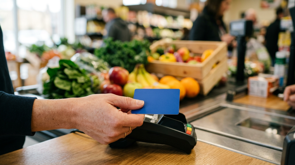 hand holding a generic payment card at a grocery checkout