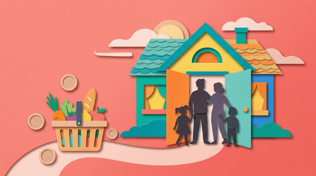 household, grocery basket, and coins representing food assistance eligibility