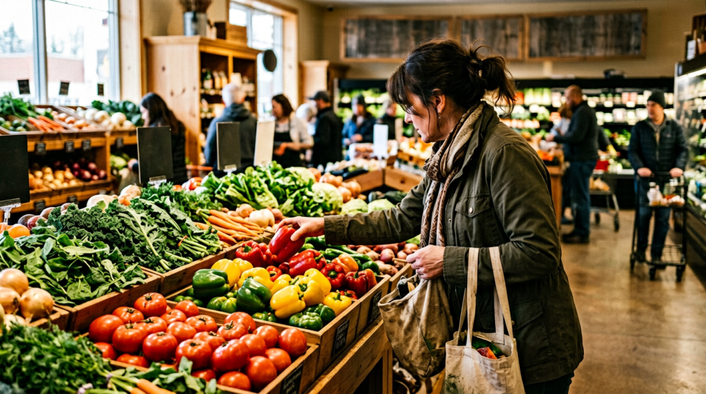 shopper choosing fresh produce at a grocery store