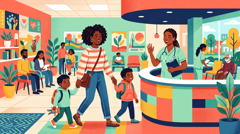 parent and child visiting a community health clinic