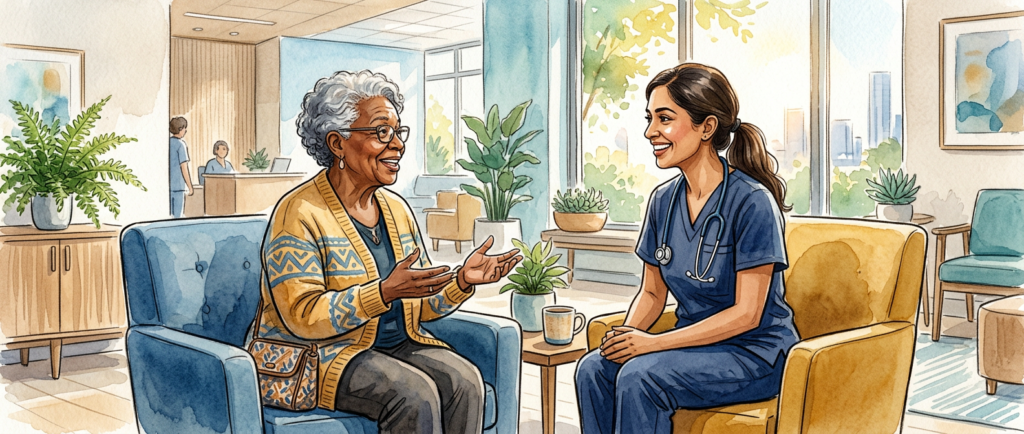older adult speaking with a healthcare professional