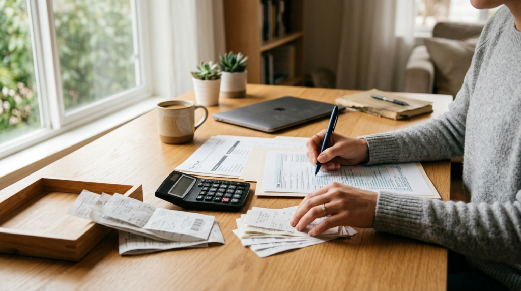 Illustration of a person reviewing income documents with a calculator.