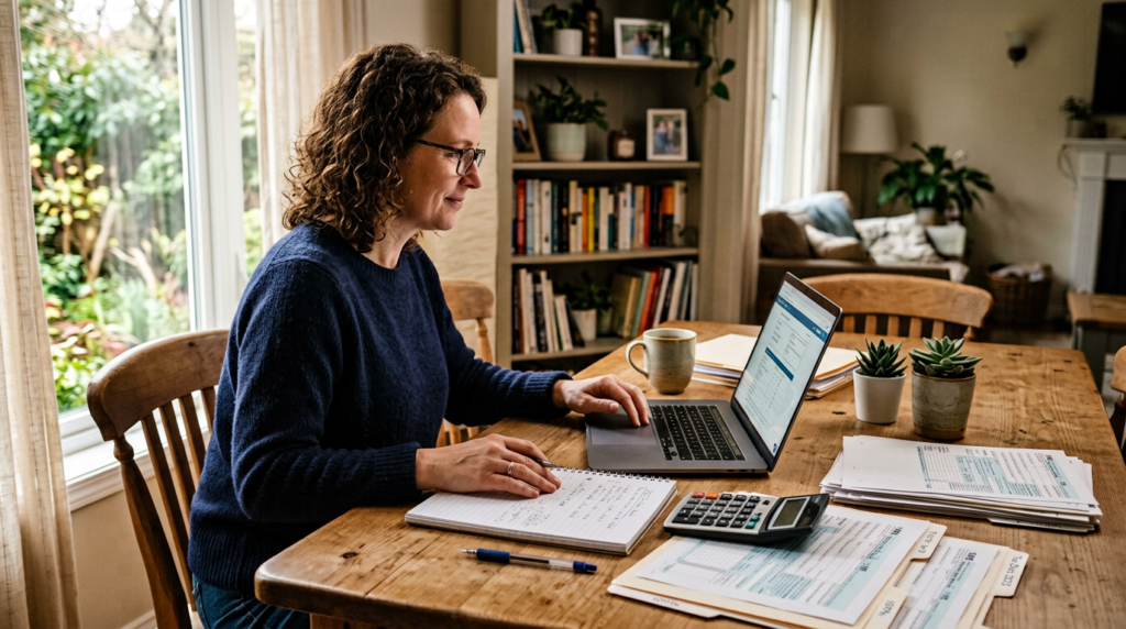 Illustration of a person reviewing tax paperwork on a laptop.