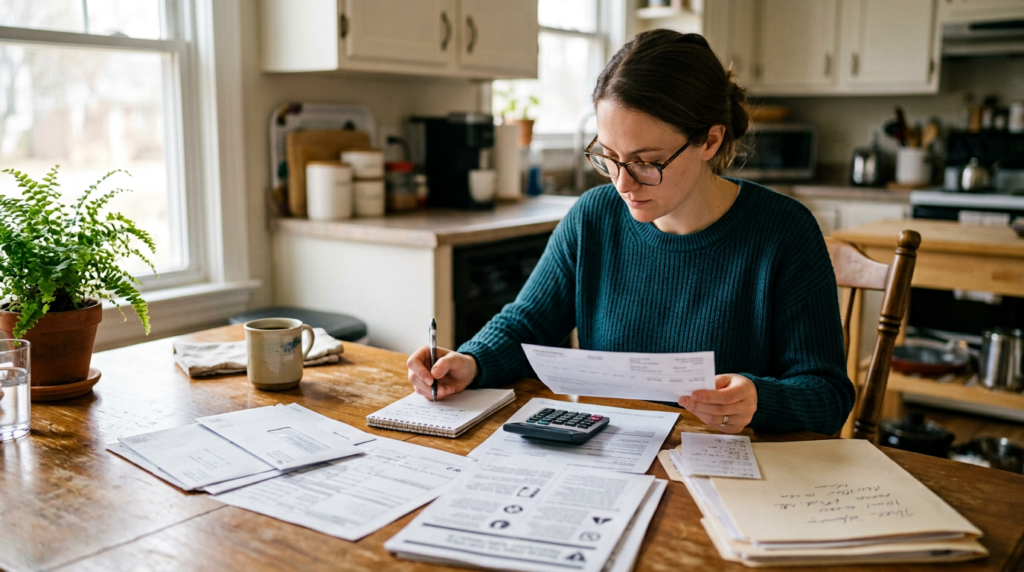 Illustration of receipts, paperwork, and a calculator on a desk.